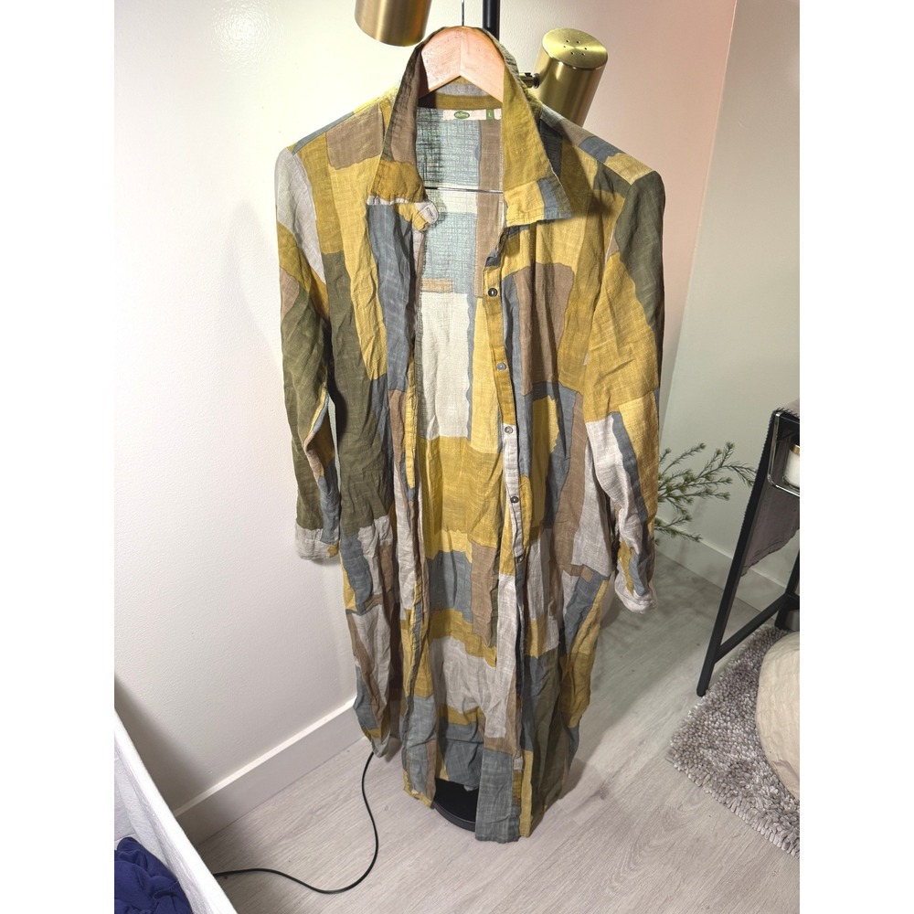 dolma linen shirtdress longline lagenlook green gray loose fit summer vacation L